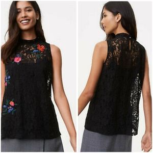 LOFT Black Lace Floral Embroidered Top